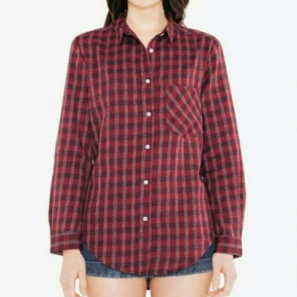 NWT Original American Apparel Check Plaid Button Up Blouse Black & Maroon Large - Picture 1 of 6